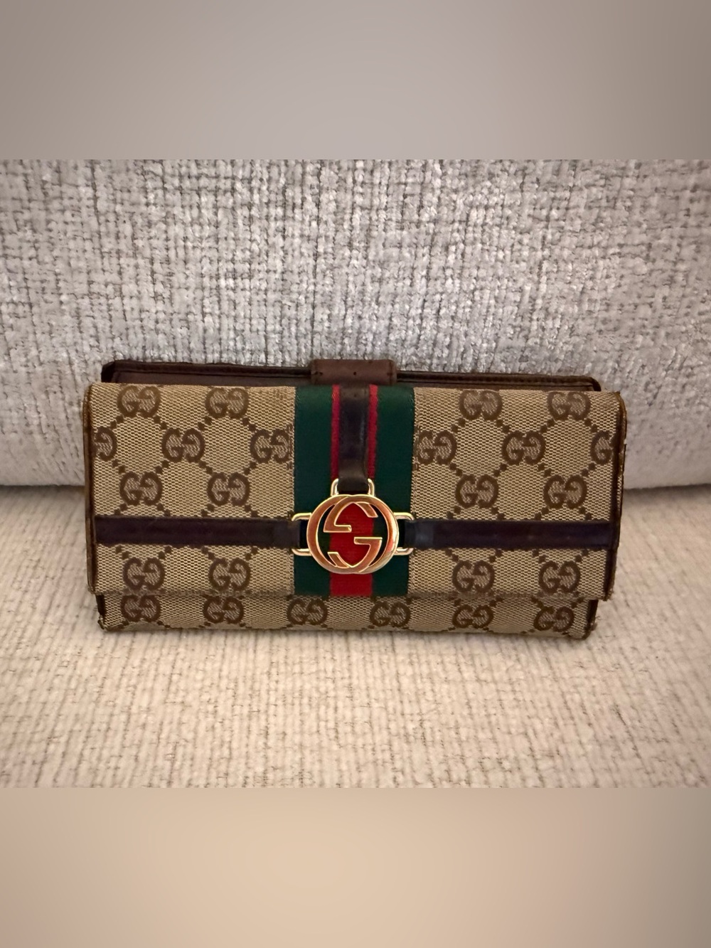 Gucci Monogram Canvas Wallet with Green and Red Sherry Line Long Wallet